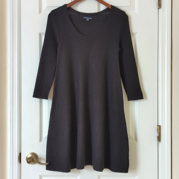 American Eagle Knit Quarter Sleeve Round Neck Flowy A-Line Mini Dress Black S - Picture 1 of 12